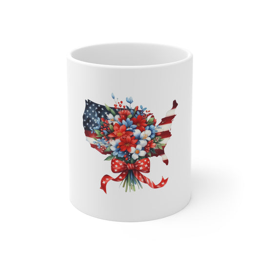 Patriotic USA Floral Bouquet Mug — American Flag Map with Red, White & Blue Flowers (11 oz)