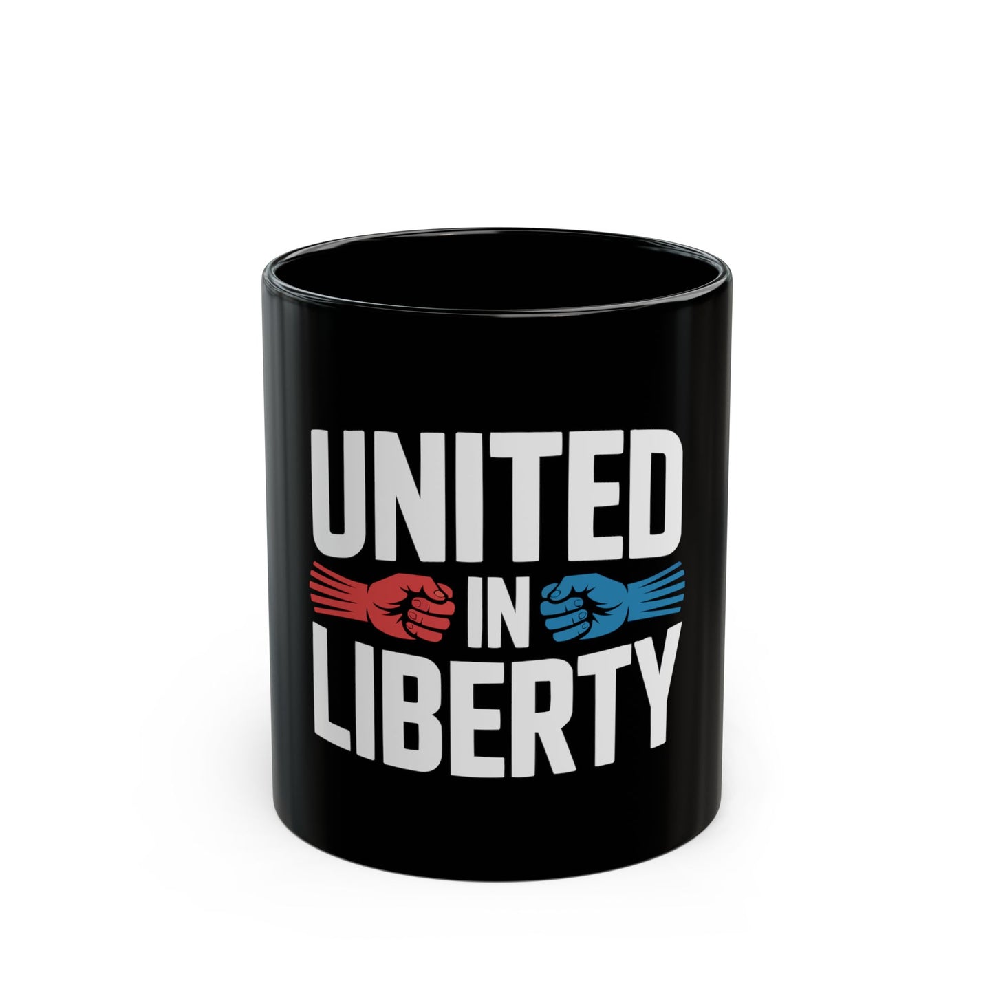 United in Liberty Black Mug – Patriotic Red & Blue Fist Coffee Cup (11oz/15oz)
