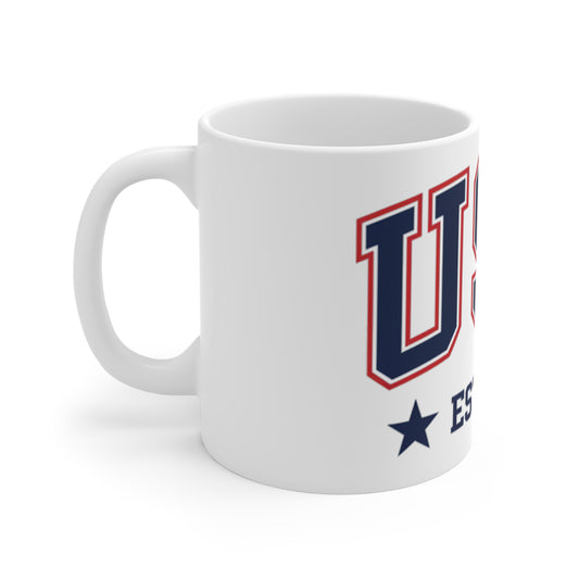 USA Established 1776 Collegiate Coffee Mug – Vintage Varsity Patriotic Mug – Red White Blue American Pride Cup – Classic USA Gift 11oz