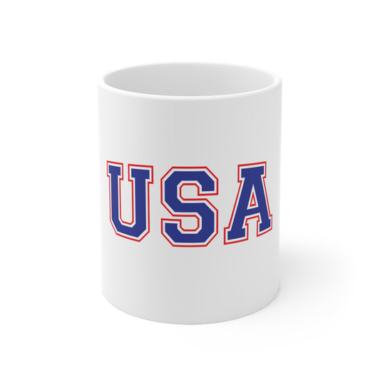 USA Varsity Red White Blue Mug – Classic Americana Letter Coffee Mug – Bold Patriotic USA Cup – Collegiate Style USA Mug 11oz