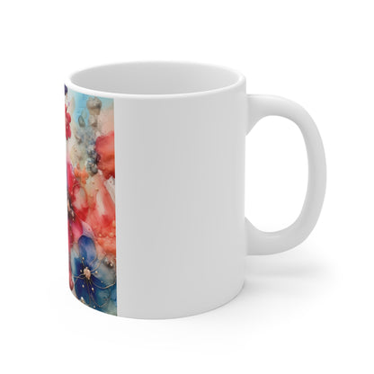 Patriotic Pastel Floral Coffee Mug – Red White Blue Watercolor Flowers Mug – Soft Americana Bloom Cup – Elegant Artistic Gift Floral Watercolor 11oz Coffee Mug — Red & Blue Bloom Pattern