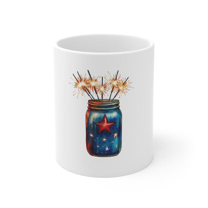 Patriotic Mason Jar Mug with Sparklers – 11oz Fourth of July Coffee Cup