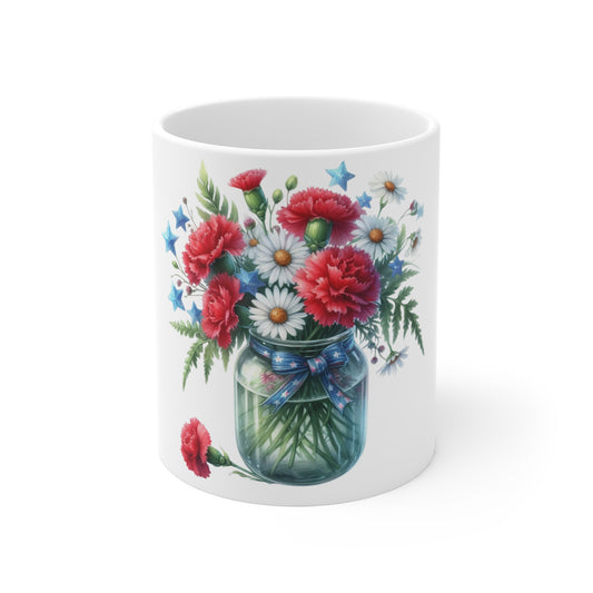 Patriotic Carnation Daisy Coffee Mug – Red White Blue Floral Mason Jar Mug – Americana Star Accent Cup – 4th of July Gift Floral Mason Jar Mug — Red Carnations & Daisies Coffee Cup