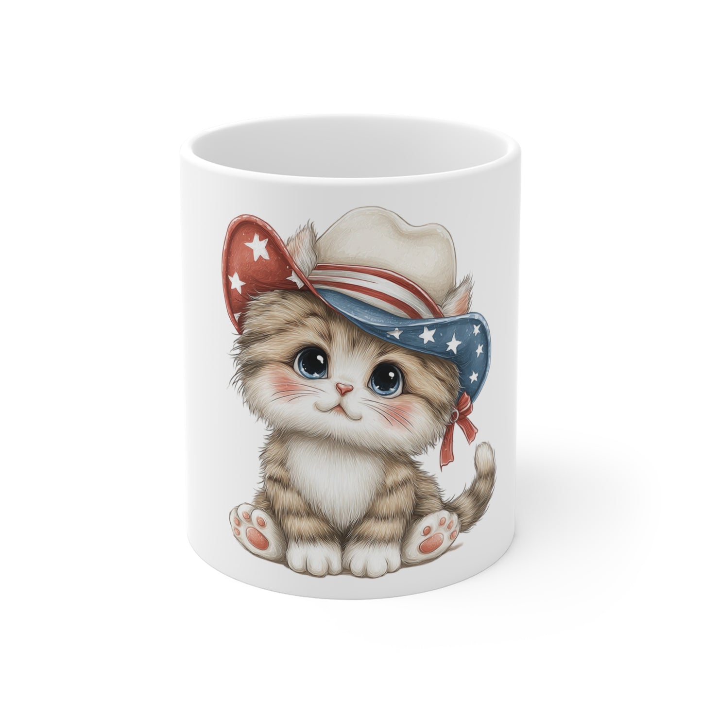 Cute Patriotic Kitten Coffee Mug – Americana Cowgirl Cat Mug – Red White Blue Hat Cat Mug – 4th of July Cat Lover Gift Patriotic Kitten Mug — 11oz Cute Cat with American Flag Cowboy Hat