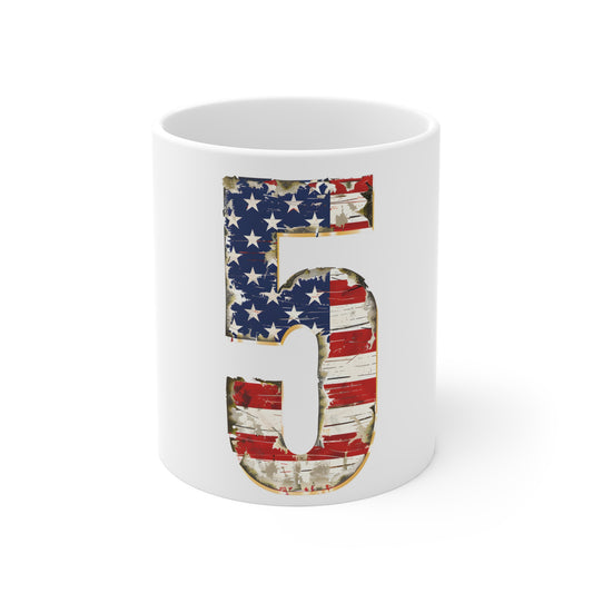 Distressed American Flag Number 5 Coffee Mug – Vintage Patriotic Number Mug – Rustic USA Stars & Stripes Cup – Americana Gift Mug 11oz