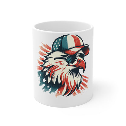 Patriotic Eagle Sunglasses Coffee Mug – Retro USA Flag Eagle Mug – American Freedom Bird Cup – Vintage Distressed Americana Gift Mug 11oz