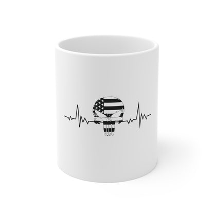 American Flag Skull Coffee Mug – Black & White Patriotic Skull Mug – USA Punisher Style Mug – Bold Americana Gift Cup Mug 11oz