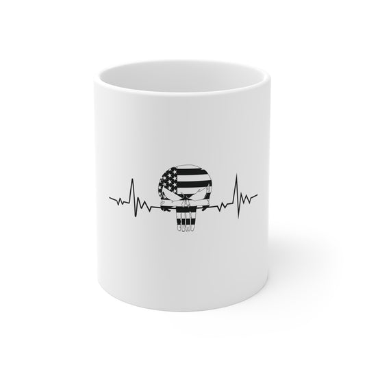 American Flag Skull Coffee Mug – Black & White Patriotic Skull Mug – USA Punisher Style Mug – Bold Americana Gift Cup Mug 11oz