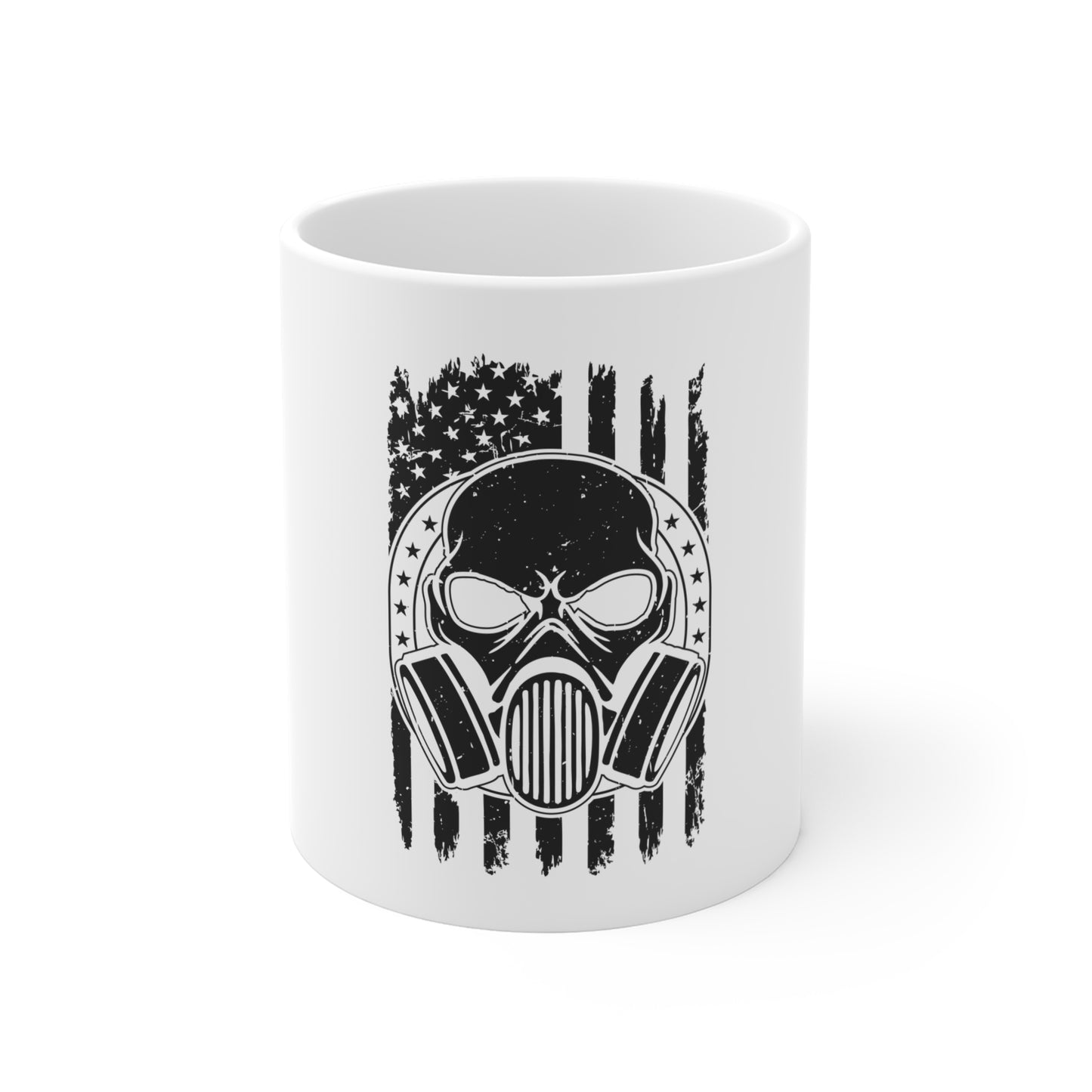 Stealth Gas Mask Skull Mug – Blacked-Out Tactical Skull Coffee Cup – American Flag Survival Design Mug 11oz