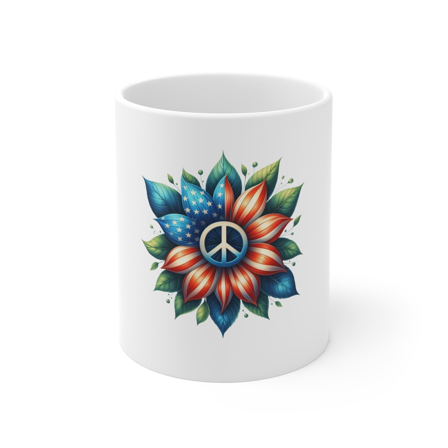 Peace Flower Mug — Colorful Mandala Floral Peace Sign 11oz Coffee Cup
