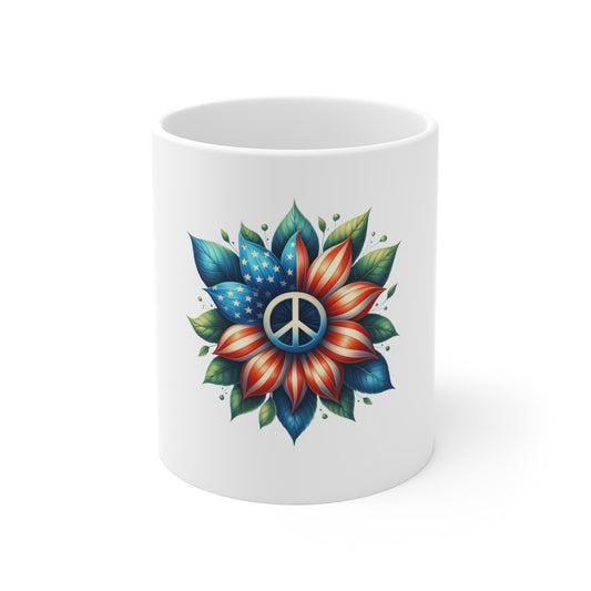 Peace Flower Mug — Colorful Mandala Floral Peace Sign 11oz Coffee Cup