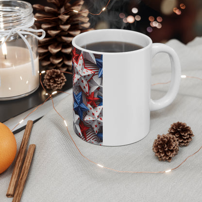 3D Patriotic Star Cluster Coffee Mug – Bold Red White Blue Star Pattern Mug – Layered Americana Starburst Design – USA Stars Mug 11oz