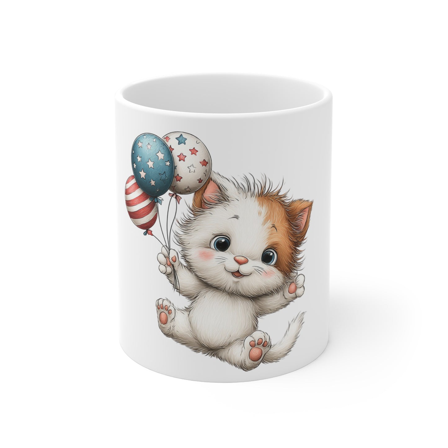 Cute Patriotic Kitten with Balloons Coffee Mug – Americana Cat Mug – Red White Blue Balloon Cat Mug – 4th of July Cat Lover Gift Cute Kitten with Patriotic Balloons Mug — 11oz