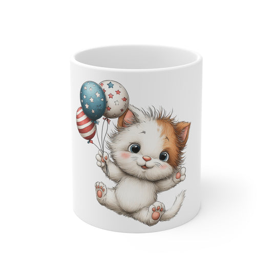 Cute Patriotic Kitten with Balloons Coffee Mug – Americana Cat Mug – Red White Blue Balloon Cat Mug – 4th of July Cat Lover Gift Cute Kitten with Patriotic Balloons Mug — 11oz
