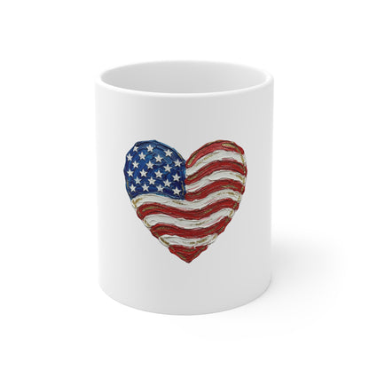American Flag Heart Mug — Patriotic 11oz Coffee Cup for 4th of July & Veterans