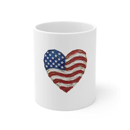 American Flag Heart Mug — Patriotic 11oz Coffee Cup for 4th of July & Veterans