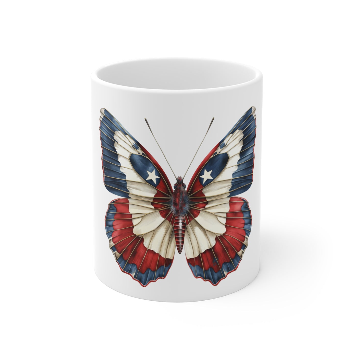Patriotic Star Butterfly Mug – Vintage Americana Butterfly Coffee Mug – Red White Blue Wing Art Cup – USA Gift Mug Mug 11oz