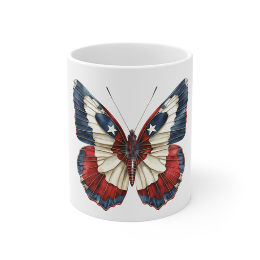 Patriotic Star Butterfly Mug – Vintage Americana Butterfly Coffee Mug – Red White Blue Wing Art Cup – USA Gift Mug Mug 11oz