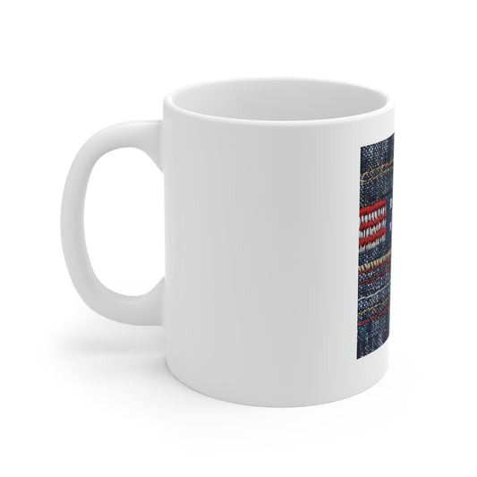 Embroidered Denim American Flag Coffee Mug – Textured Stitch Patriotic Mug – Woven USA Flag Design Cup – Americana Fabric Style GiftAmerican Flag Denim Mug — 11oz Patriotic Coffee Cup