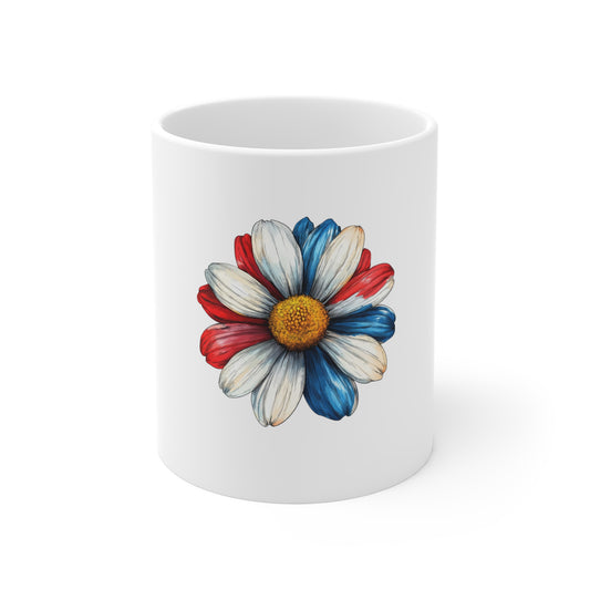 Patriotic Daisy Mug — Red White & Blue Flower Coffee Cup (11 oz)