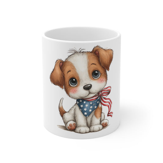 Cute Patriotic Puppy Bandana Coffee Mug – 4th of July Dog Mug – Americana Puppy with Flag Bandana & Ribbon Bow – Red White Blue Pet Lover Gift Patriotic Puppy 11oz Mug – Cute Dog with American Flag...