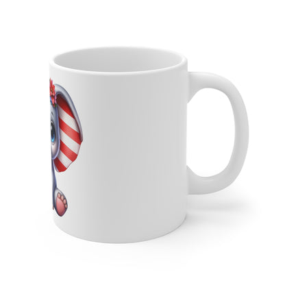 Patriotic Baby Elephant Coffee Mug – Cute American Elephant Mug – Red White Blue Ears Mug – 4th of July Animal Cup 11oz