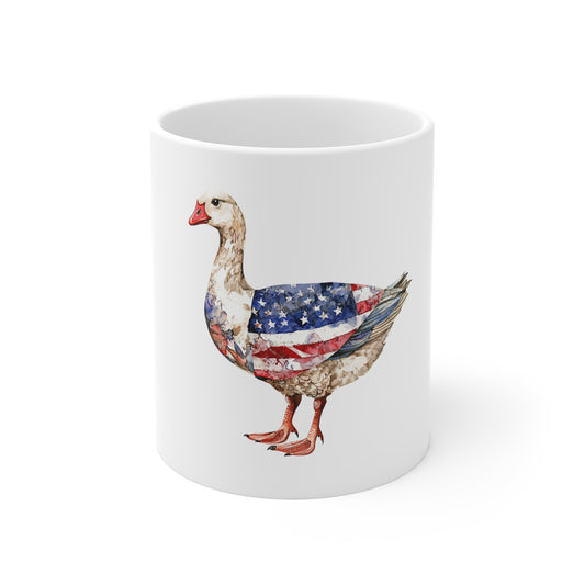 Patriotic Goose Coffee Mug — American Flag Watercolor Duck Mug (11oz)