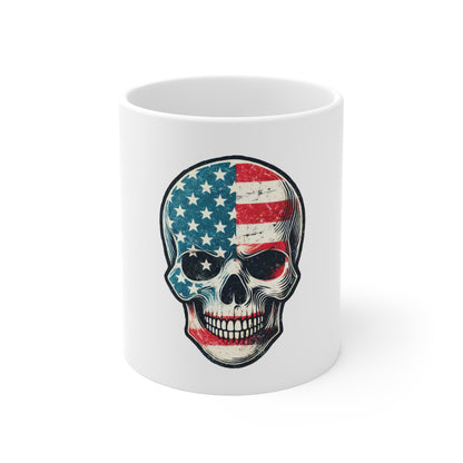 Vintage Patriotic Skull Coffee Mug – American Flag Skull Face Mug – Distressed USA Skull Cup – Classic Americana Gift Mug 11oz