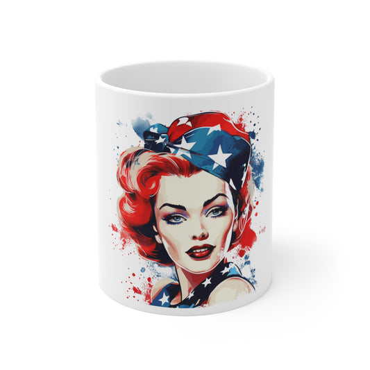 Patriotic Pin Up Headband Mug – Americana Retro Woman Coffee Mug – Red White Blue Vintage Portrait Cup – USA Pin Up Art Mug – Gift for Her Patriotic Pinup Mug — Vintage Rosie-Inspired 11oz Coffee Cup...