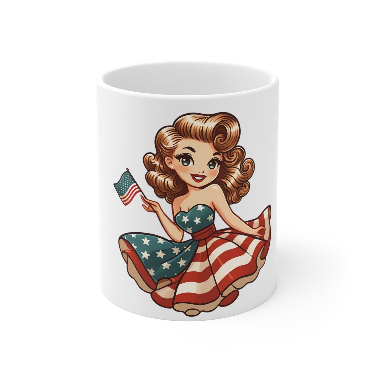 Americana Pin-Up Flag Girl Coffee Mug – Vintage Patriotic Woman Mug – Retro USA Dress Cup – Red White Blue Pinup Gift Mug 11oz