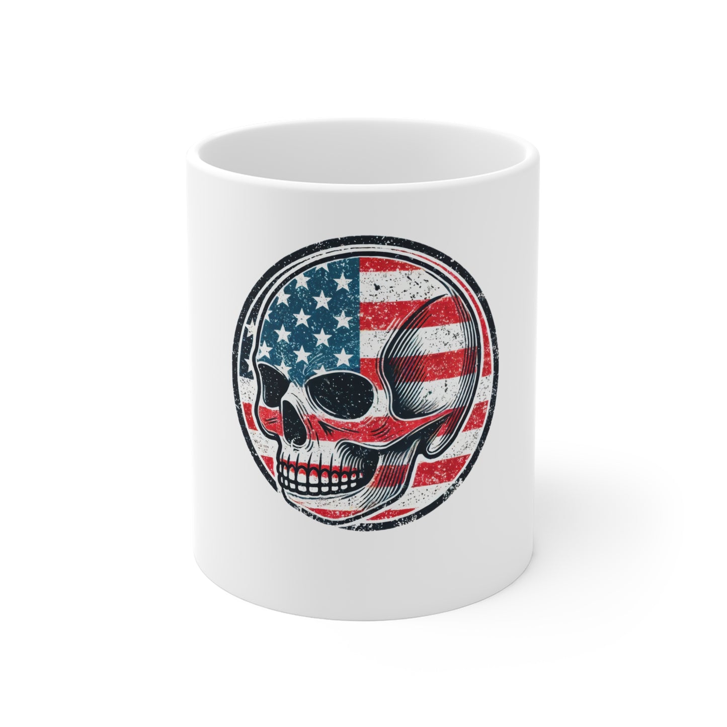 American Flag Skull Mug — Patriotic 11oz Coffee Cup