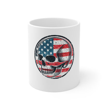 American Flag Skull Mug — Patriotic 11oz Coffee Cup