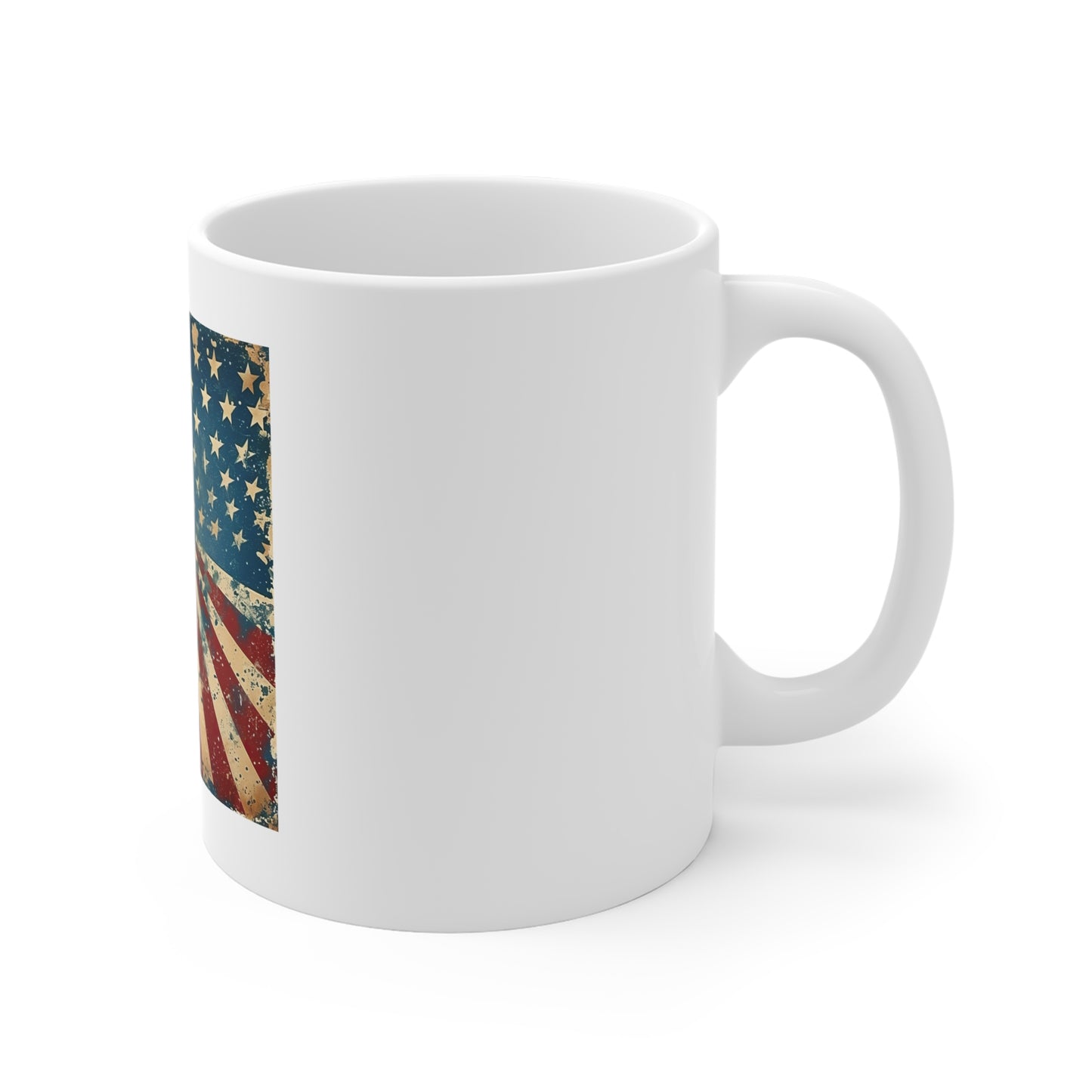 Vintage American Flag Sunburst Coffee Mug – Distressed Patriotic USA Mug – Retro Stars & Stripes 11oz Ceramic Cup – Unique Americana Gift