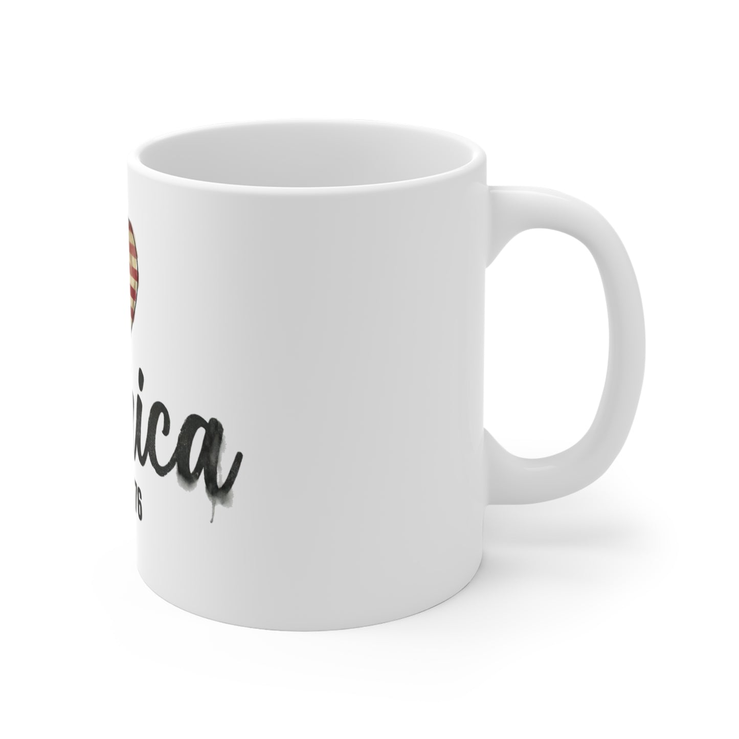 Vintage America Heart Flag Coffee Mug – Patriotic Script USA Mug – Rustic Americana Love Design – EST 1776 Gift Mug 11oz