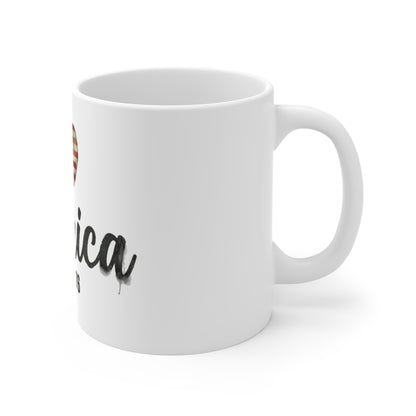 Vintage America Heart Flag Coffee Mug – Patriotic Script USA Mug – Rustic Americana Love Design – EST 1776 Gift Mug 11oz