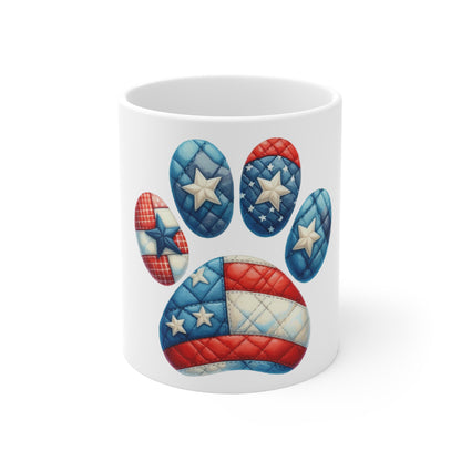 Patriotic Star Quilt Dog Paw Coffee Mug – Americana Patchwork Paw Print Mug – Red White Blue Dog Lover Mug – USA Pet Gift Cup American Flag Paw Print Mug — Patriotic Pet Lover Coffee Cup (11 oz...