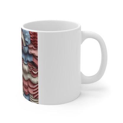 Layered 3D Patriotic Coffee Mug – Red White Blue Abstract Texture Mug – Sculpted Wave Design – Modern Americana Art Mug Abstract Textured Pattern Ceramic Mug — Red, Blue & Beige Layered Design (11oz...