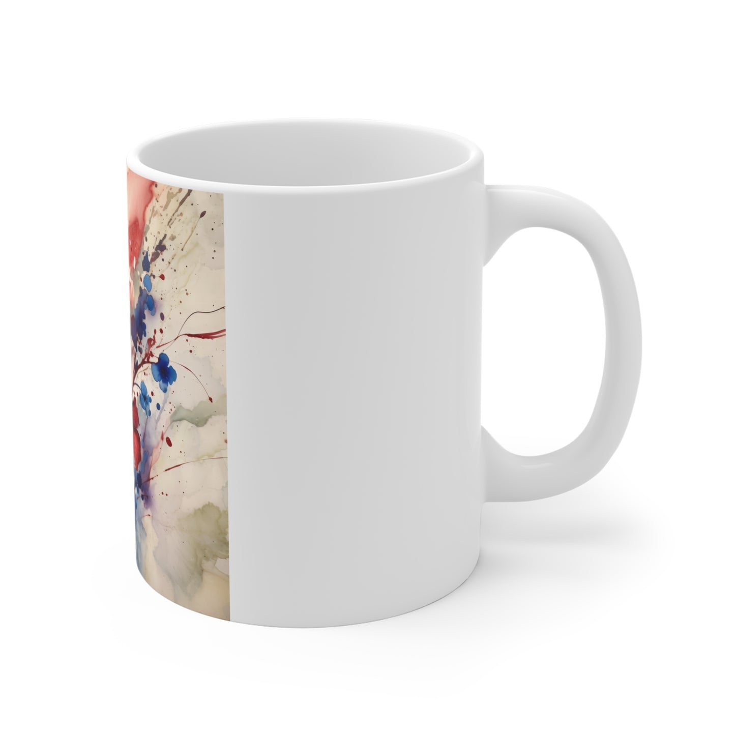 Patriotic Blue Flower Coffee Mug – Red Blue Watercolor Floral Mug – Artistic Americana Blossom Cup – Elegant Botanical Gift Mug Blue & Red Watercolor Floral Mug - 11oz Ceramic Coffee Cup