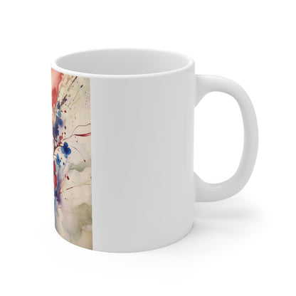 Patriotic Blue Flower Coffee Mug – Red Blue Watercolor Floral Mug – Artistic Americana Blossom Cup – Elegant Botanical Gift Mug Blue & Red Watercolor Floral Mug - 11oz Ceramic Coffee Cup