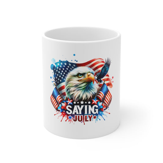 Patriotic Eagle 4th of July Mug — 'Saying July' American Flag Coffee Cup