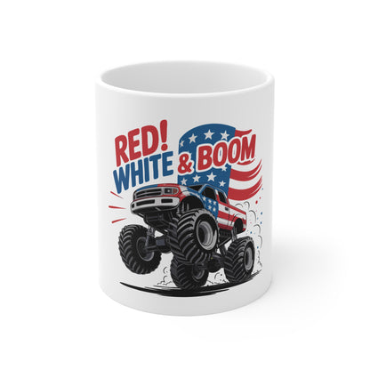 Red White & Boom Monster Truck Coffee Mug – Patriotic Off-Road Truck Mug – 4th of July Power Truck Cup – Bold Americana Gift Mug 11oz