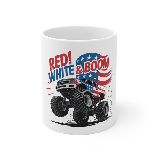 Red White & Boom Monster Truck Coffee Mug – Patriotic Off-Road Truck Mug – 4th of July Power Truck Cup – Bold Americana Gift Mug 11oz
