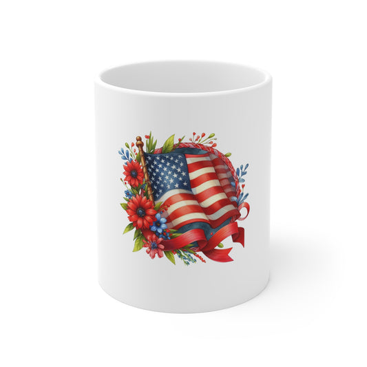 American Flag Floral Mug — Patriotic 11oz Coffee Cup