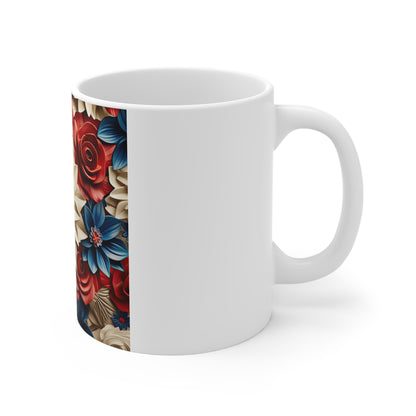 Patriotic 3D Rose Floral Coffee Mug – Red White Blue Sculpted Flower Mug – Layered Botanical Art Cup – Premium Americana Mug Floral Patriotic Mug — Red, White & Blue Paper Rose Pattern 11oz