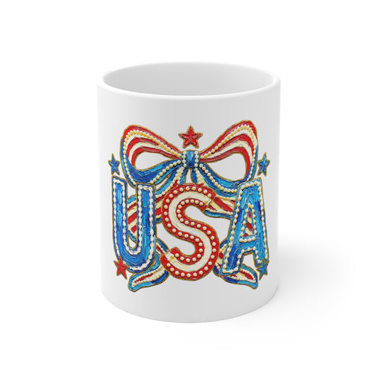 USA Patriotic Mug - 11oz Red White Blue Stars & Bow Coffee Cup