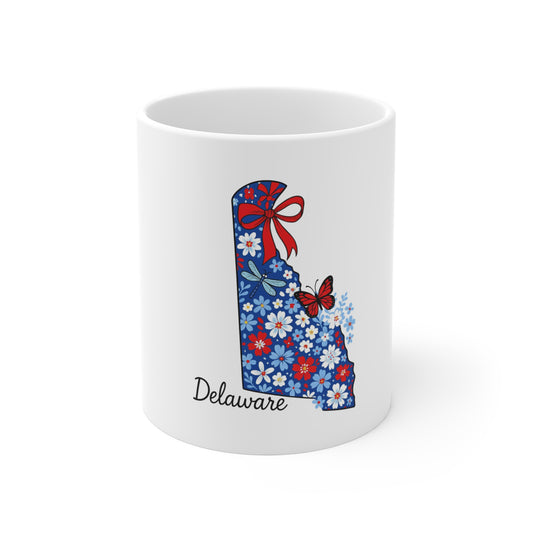 Delaware Floral State Mug — Patriotic Red, White & Blue Coffee Cup