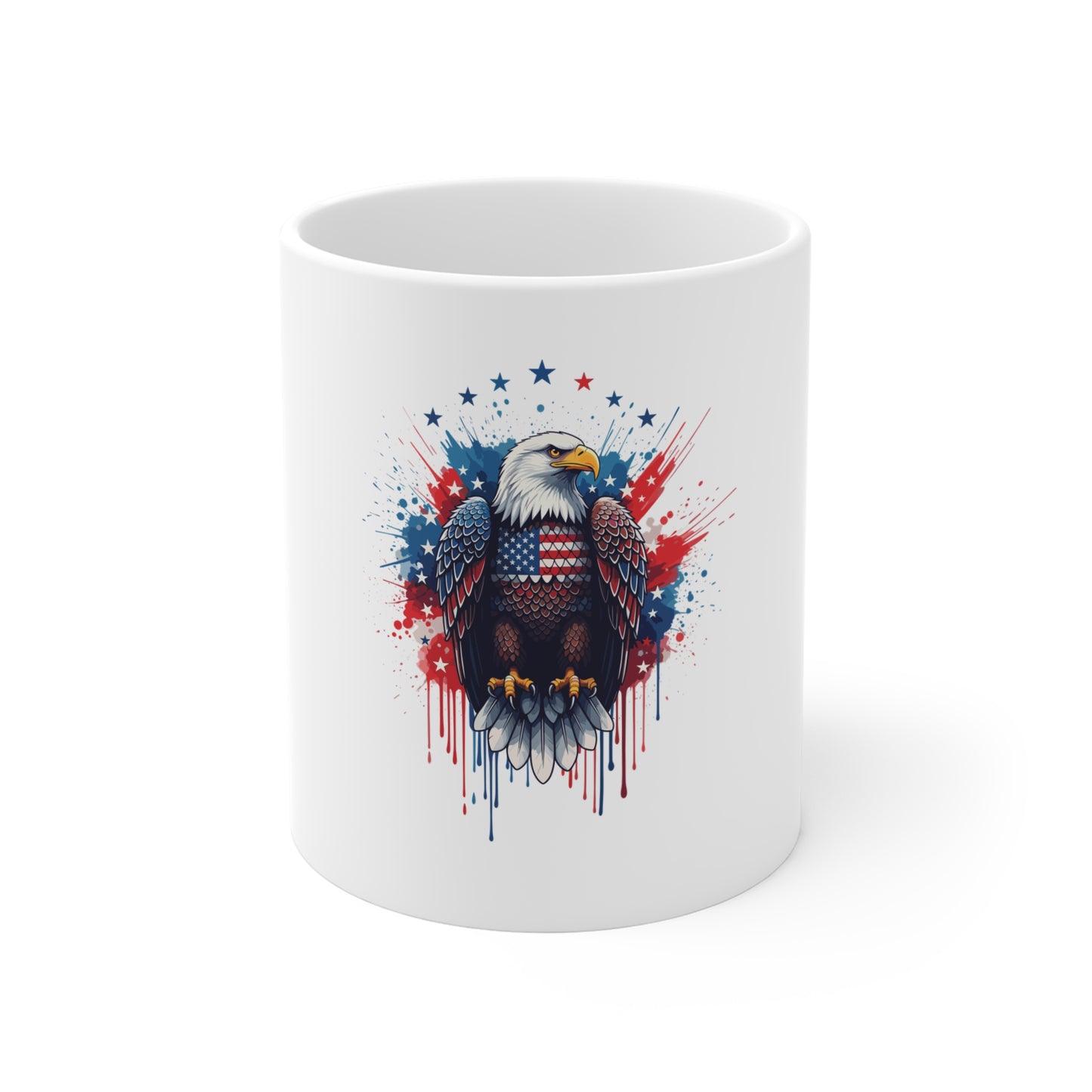 Patriotic Bald Eagle Coffee Mug — American Flag Splatter 11oz