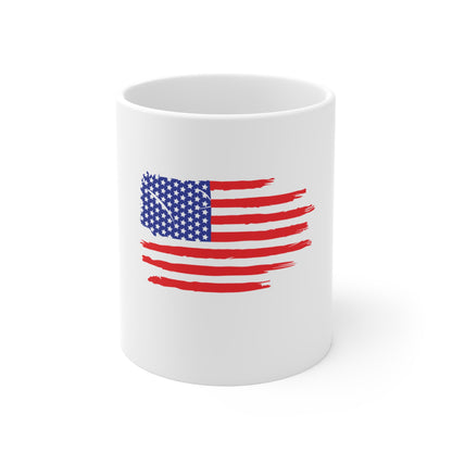 Grunge American Flag Coffee Mug – Rough Brush USA Flag Mug – Patriotic Distressed Style Cup – Red White Blue Americana Gift Mug 11oz