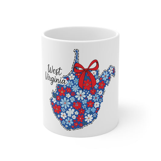 West Virginia Floral State Map Mug - 11oz Red, White & Blue Gift