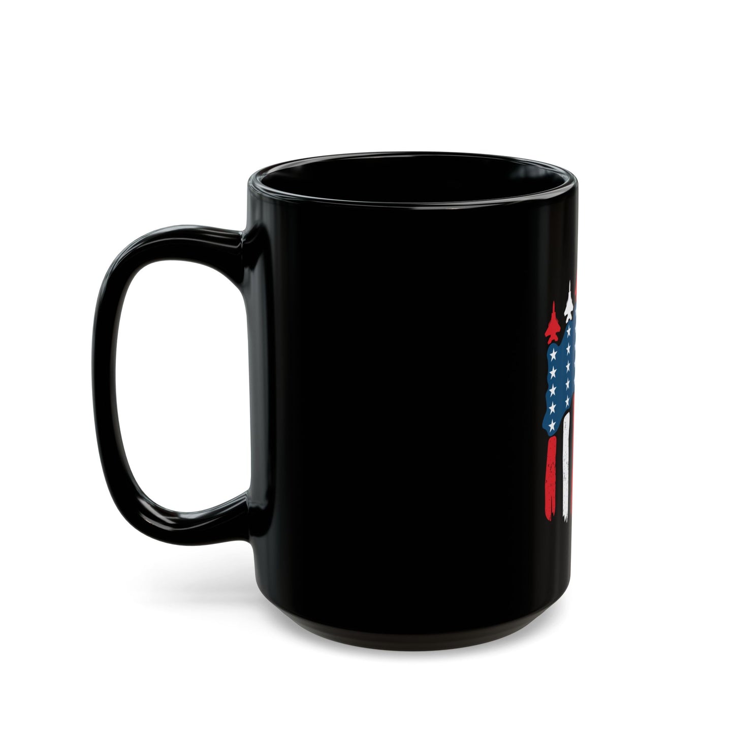 Patriotic Fighter Jet Flag Mug – USA Air Force Inspired Coffee Mug – Red White Blue Jet Formation Cup – Military Aviation Gift Black Mug (11oz, 15oz)